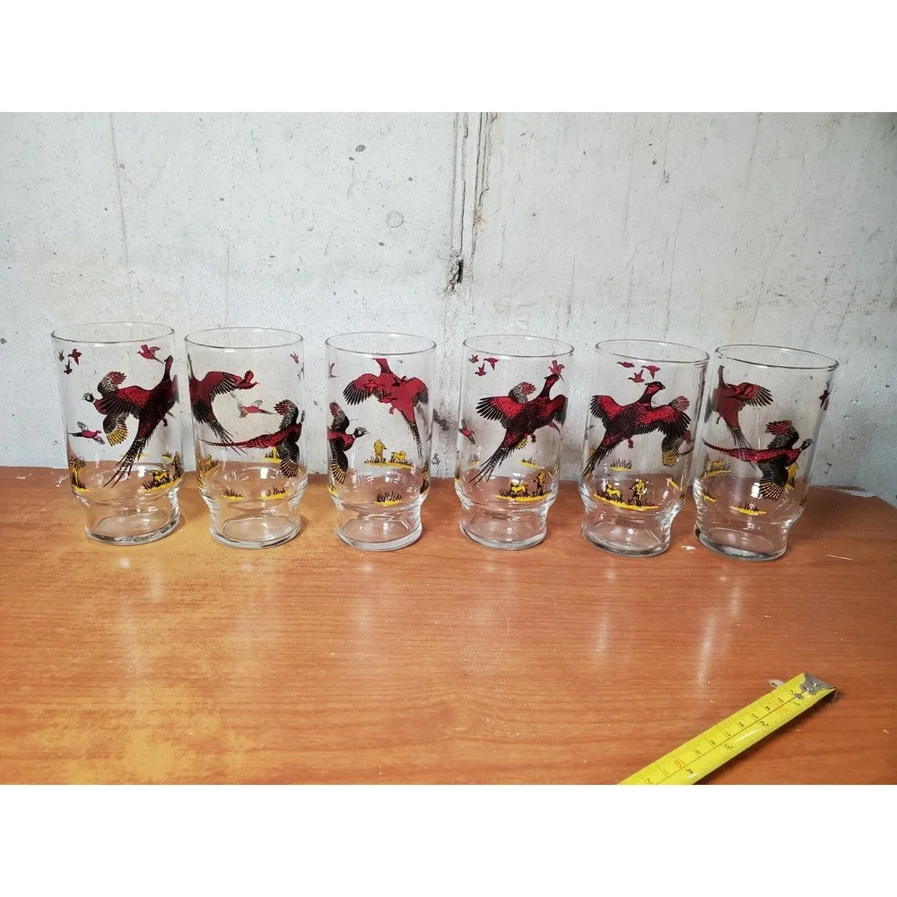 Set‎ of 6 Vintage Pheasant Bird Highball Glasses Mid Century Bar Ware